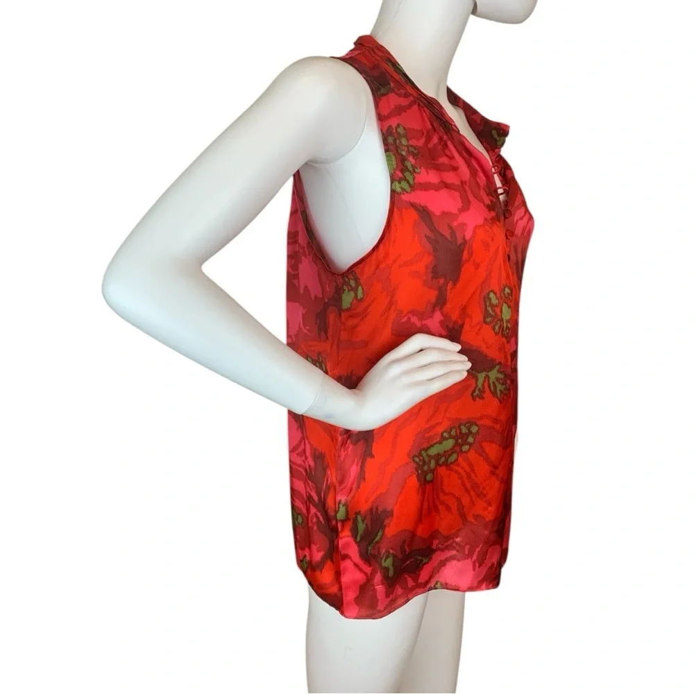 J. Crew Red Poppy Floral Sleeveless 100% Silk Blouse - Picture 5 of 10